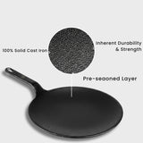 Omichef Cast Iron Roti Tawa | Flat Pre-Seasoned Tawa for Roti, Paratha & Chapati | Even Heat | Gas & Induction Compatible