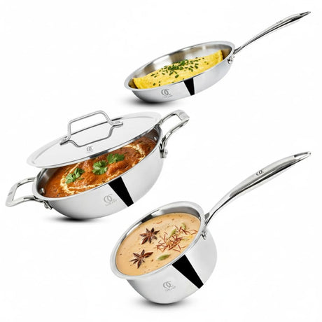 TRIMAX Triply Cookware Kadhai- Frypan - Saucepan Combo Set with Spatula Premium Quality